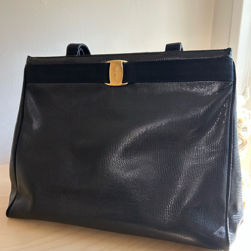 Salvatore Ferragamo Vara Black Shoulder Bag with Gold Clasp